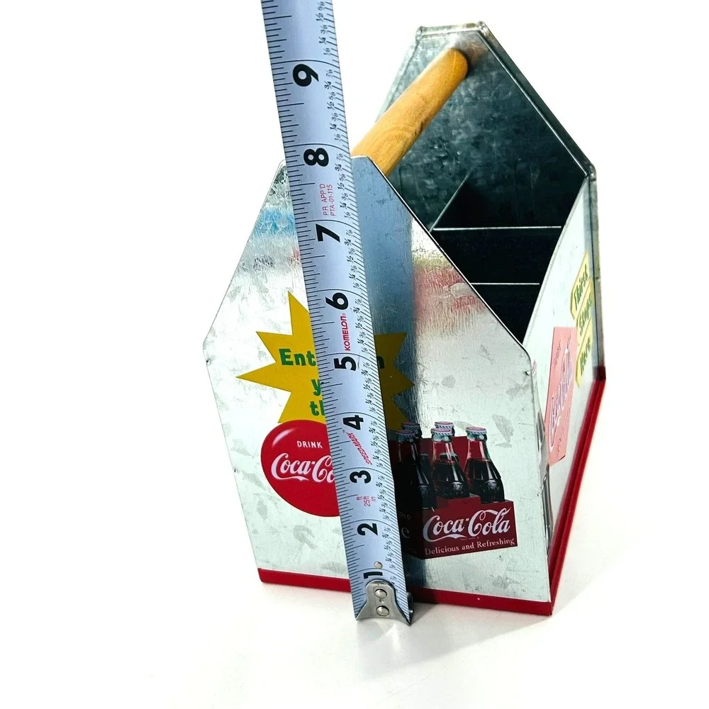 Coca Cola Galvanized Metal Tin Caddy Wooden Handle Thirst Stops Here Retro Decor